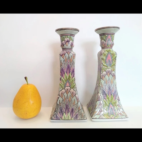 Vintage Chinoiserie Candle Holders Pastel Textured Boho Decor - Picture 6 of 8